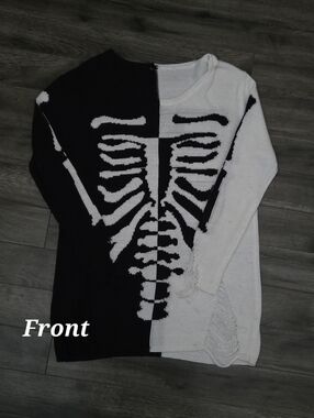 Dolls Kill Black and White Skeleton Distressed Crew Neck